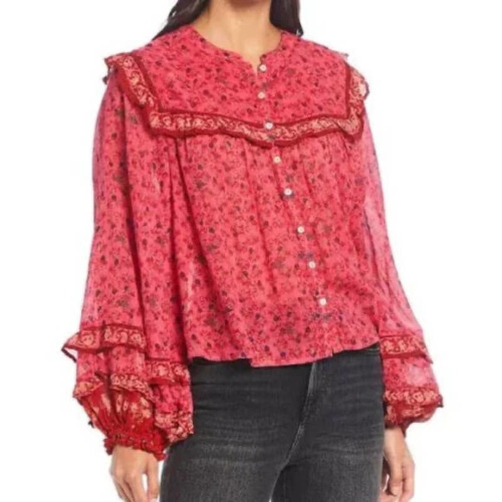 Free People Pink Jenna Ruffle Floral Print Top Size Large